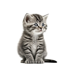 Fototapeta premium Funny gray kitten with beautiful big eyes posing on a white background. Lovely fluffy cat. Free space for text. Generative AI