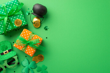 St Patrick's Day concept. Top view photo of present boxes with ribbon bows pot with gold coins...