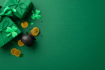 St Patrick's Day concept. Top view photo of present boxes pot with gold coins bow-tie trefoils and...