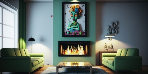 Grand design Fireplace in living room and table. Generative AI