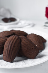Chocolate madeleines on a ceramic plate, plain chocolate madeleine cake or cookies