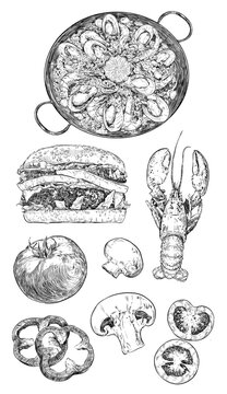 Ilustraci&oacute;n en blanco y negro a tinta , realista de estilo vintage de marisco, pescados, carnes, hamburguesas y otros alimentos para cartas de restaurantes y publicidad en restauraci&oacute;n.