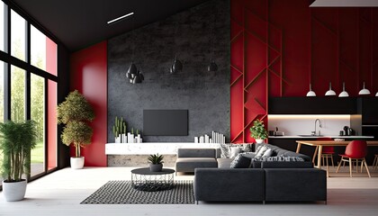 Interior of modern living room dark grey and red color. generative Ai