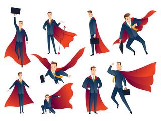 Fototapeta na wymiar Businessman superheroes characters collection. Office workers, managers in costume and red fluttering cloak cape. Cartoon powerful man in various spectacular action poses superheroes