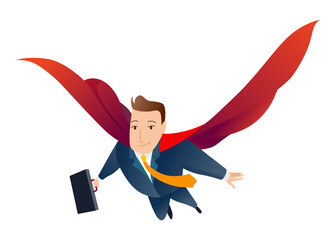 Businessman superhero character. Office worker or manager in costume and red fluttering cloak cape. Cartoon powerful man in spectacular action pose superhero.  isolated on white background © designer_things