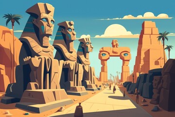 Egyptian city of Luxor is home to the Colossi of Memnon and Amenhotep sculptures. Generative AI - obrazy, fototapety, plakaty