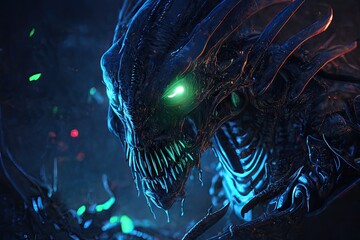 Scary dangerous alien portrait, dark background, glowing eyes. Alien battle generative ai