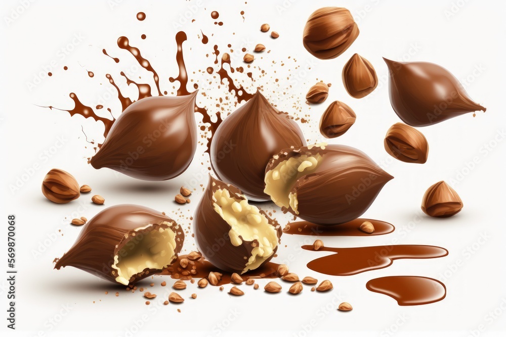 Poster hazelnut pieces dropping over a white background. generative ai