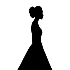 Vector silhouette of  young woman in dress standing, black color, isolated on white background