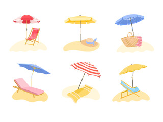 Beach sunshade. Deck chair and sun protection umbrella for summer resort vacation on beach vector illustration set - obrazy, fototapety, plakaty