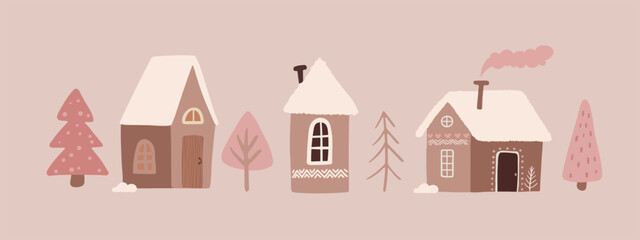 Cute Christmas Houses with decor. New Year and Christmas attribute 