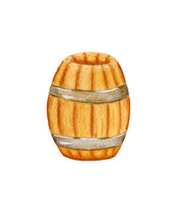 Wooden Wine, honey barrel isolated on white background. Watercolor illustration of Barrels.