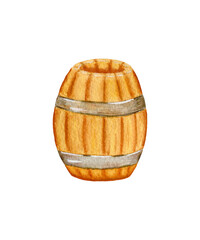 Wooden Wine, honey barrel isolated on white background. Watercolor illustration of Barrels.