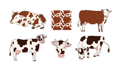 Cartoon cows. Animal from milk farm, lying and standing cattle with texture of cow spots pattern vector illustration set