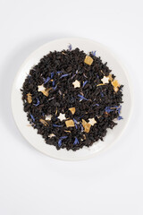 Black tea top view on white background