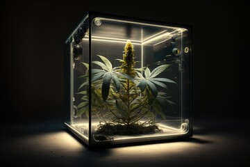 Growbox with cannabis plant flowering period and light, growing marijuana abstract generative ai image