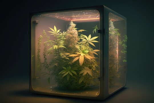 Cannabis plant with buds in glass growbox in empty room, generative ai