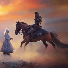 old woman and warior riding a horse on a misty day AI