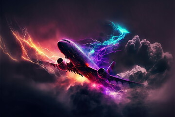 A plane navigates the tempestuous skies, lit by the dance of red and blue lightning. Nature's powerful display melds beauty with menace, evoking awe. - obrazy, fototapety, plakaty