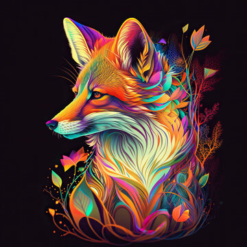Fox portrait in rainbow colors. Generative AI.