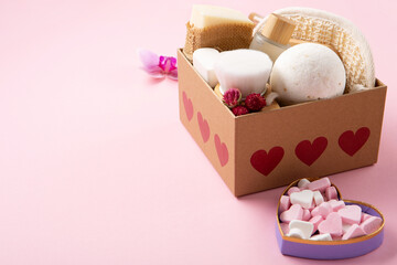 Natural Eco Friendly Beauty, Skin Care Products Concept. Zero Waste Bathroom, Spa Accessories on Pink Background.