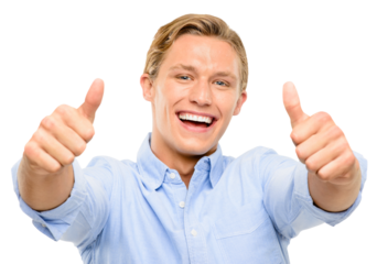 A happy handsome young caucasian male model cheering up with thumbs up gesture with both hands to a copy space as an approval or a recommendation isolated on a png background.