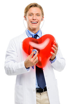 A handsome doctor using a stethoscope on a balloon heart isolated on a png background