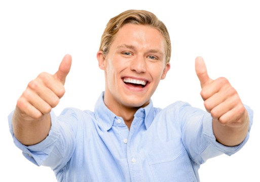 A happy handsome young caucasian male model cheering up with thumbs up gesture with both hands to a copy space as an approval or a recommendation isolated on a png background. - Powered by Adobe