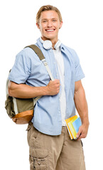 A joyful young student standing with his bag over his shoulder and looking at the camera isolated on a PNG background. - obrazy, fototapety, plakaty