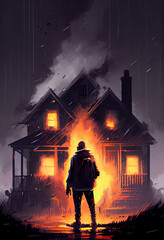 Dramatic silhouette of man in front of burning house