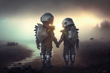 Two children robots of the future in the wasteland and holding hands. Postapocalypse generative AI