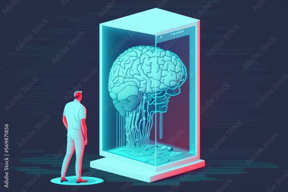 Poster concept of internet technology, machine learning, and artificial intelligence. man uses hologram bra