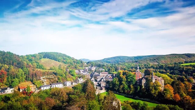 Aerial view of Viroinval village and Belgian countryside, 4K