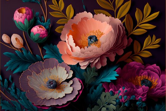 hand Painted flowers as a lush pattern oil painted Photo. Generative Ai