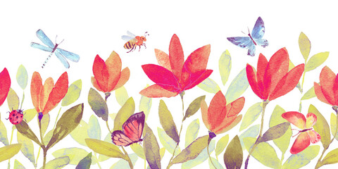 Nature watercolor border pattern with tulips, butterfly, bee, dragonfly and ladybug. Spring hand draw Illustration