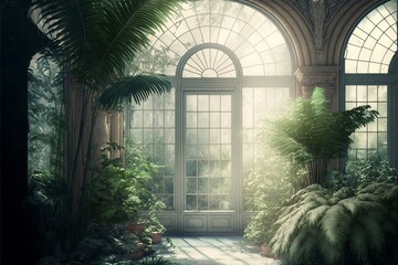 magical conservatory day light digital background. Generative Ai - obrazy, fototapety, plakaty