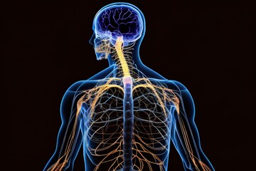 Medical illustration of a man's nervous system. Concept. Generative AI.