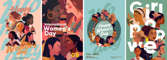 Fototapeta na wymiar March 8, women, international women's day, girl power. Set of vector illustrations. Flat design. Typography. Background for a poster, t-shirt or banner.