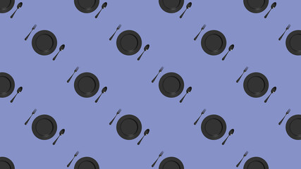 pattern. kitchen utensils on a pastel blue background. fork, spoon, plate. Template for surface application. Flat lay. Banner for insertion into site. Horizontal image. 3D image. 3D rendering.