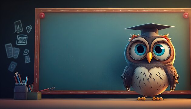 Cute Cartoon Owl in Front of a Blackboard Banner with Space for Copy. Generative AI.