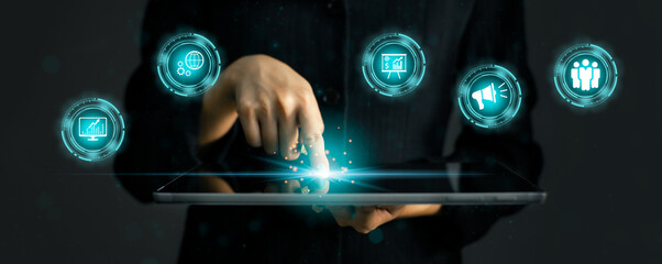 Business and technology. Businesswoman using lablet by touching on screen to connect to virtual digital online data.