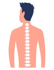 Osteopathy spine pain treatment. Patient male standing back view, spine scheme flat  illustration. Disease diagnosis. Bone health
