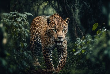 Fototapeta na wymiar A magnificently marked wild jaguar strolls in a forest field. Generative AI
