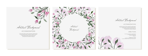 Fototapeta na wymiar Abstract square background templates for social media, postcards with pink flowers and vegetation in watercolor style. Vector