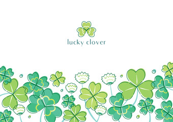 三つ葉と四つ葉のクローバーの背景フレーム 春や夏のシンプル線画イラスト