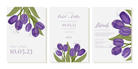 Wedding invitation template with watercolor purple tulips. Vector