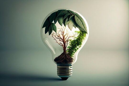 Light Bulb with a tree inside isolated in white background. Tree growing inside a lightbulb. Green Energy. Generative AI.