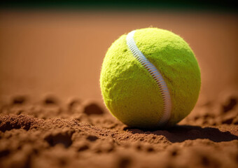 closeup of tennis ball in clay court. generative ai