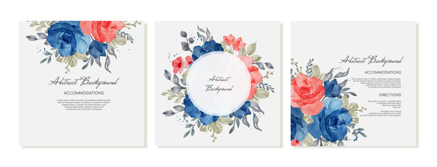 Elegant square templates for cards, social media posts with watercolor flowers, blue roses. Vector