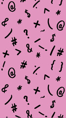 pattern with the image of keyboard symbols. Punctuation marks. Template for applying to the surface. pastel purple background. Vertical image.